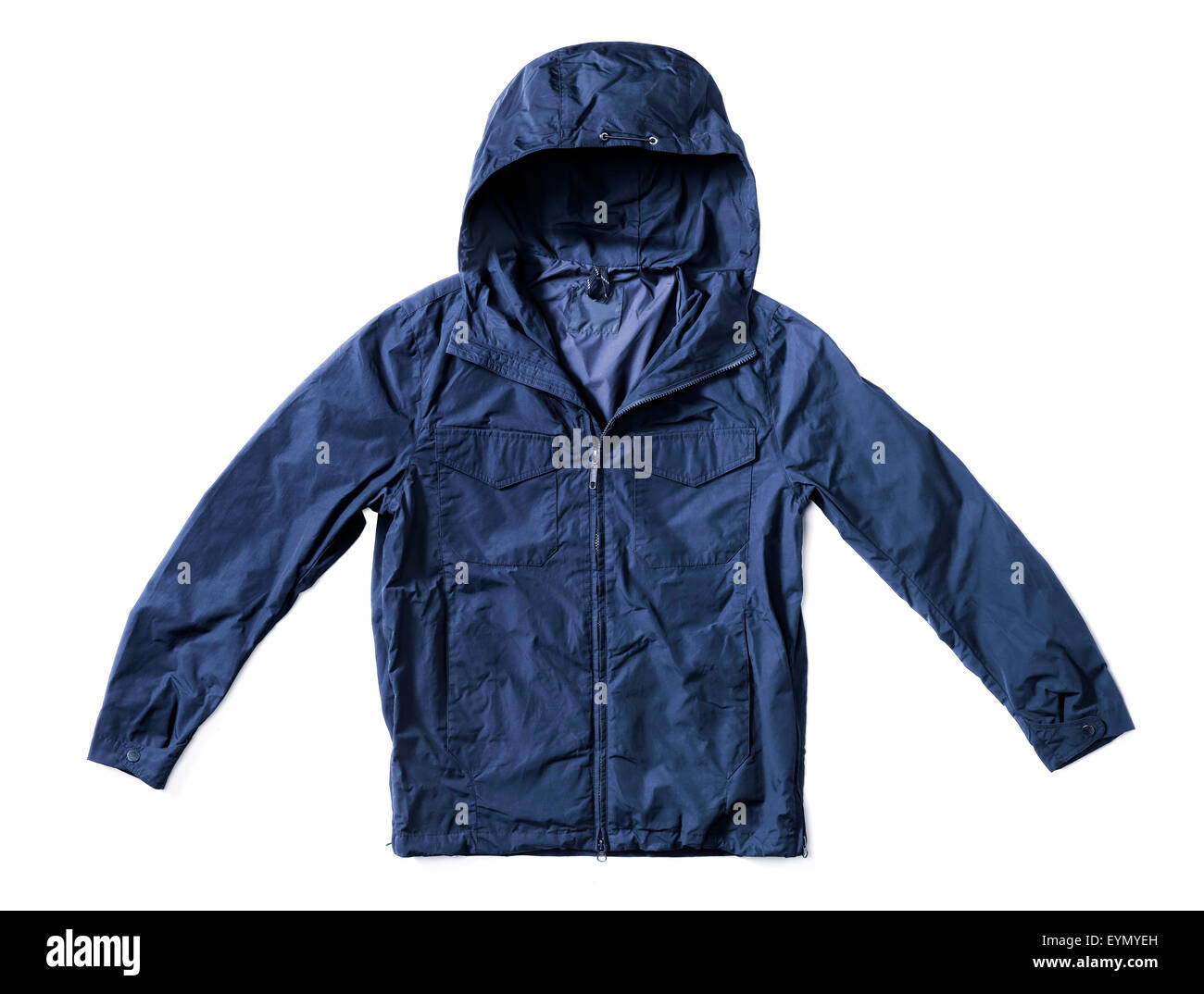Men's dark blue hooded windproof jacket isolated on white with natural shadows. Stock Photo