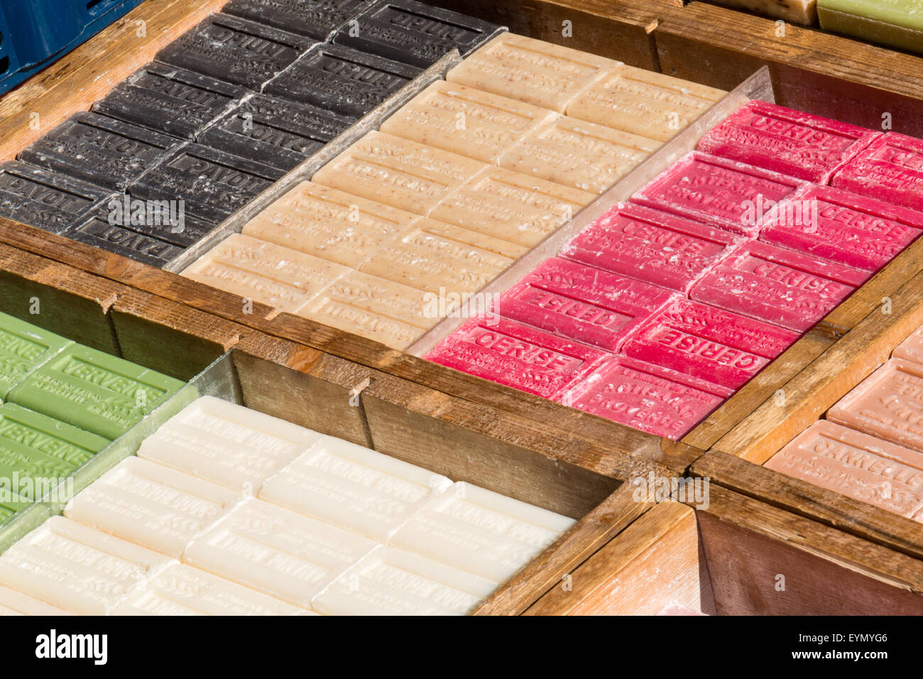 Assortment of bars of soap for sale on the market Stock Photo