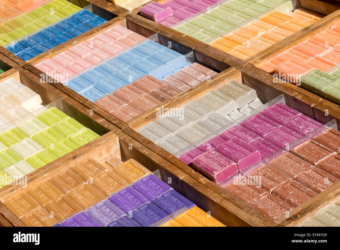 Assortment of bars of soap for sale on the market Stock Photo