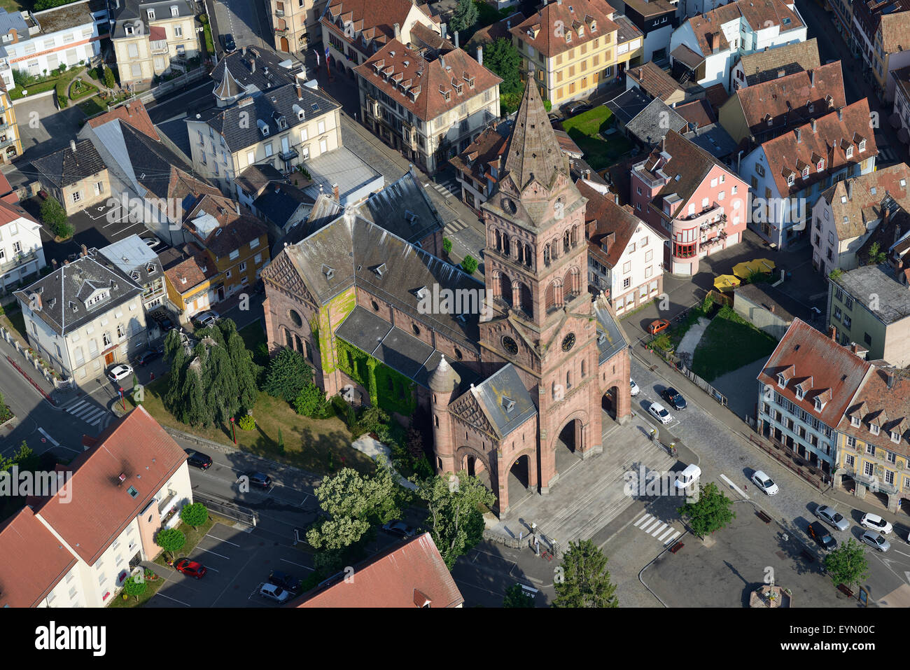 AERIAL VIEW. Protestant Church. Munster, Haut-Rhin, Alsace, Grand Est, France. Stock Photo