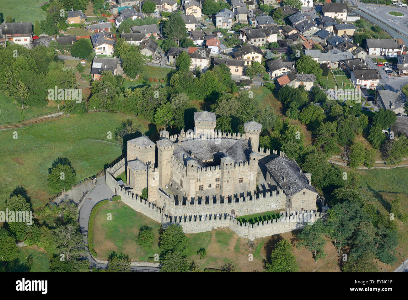 AERIAL VIEW. Fénis Castle. Aosta Valley, Italy. Stock Photo