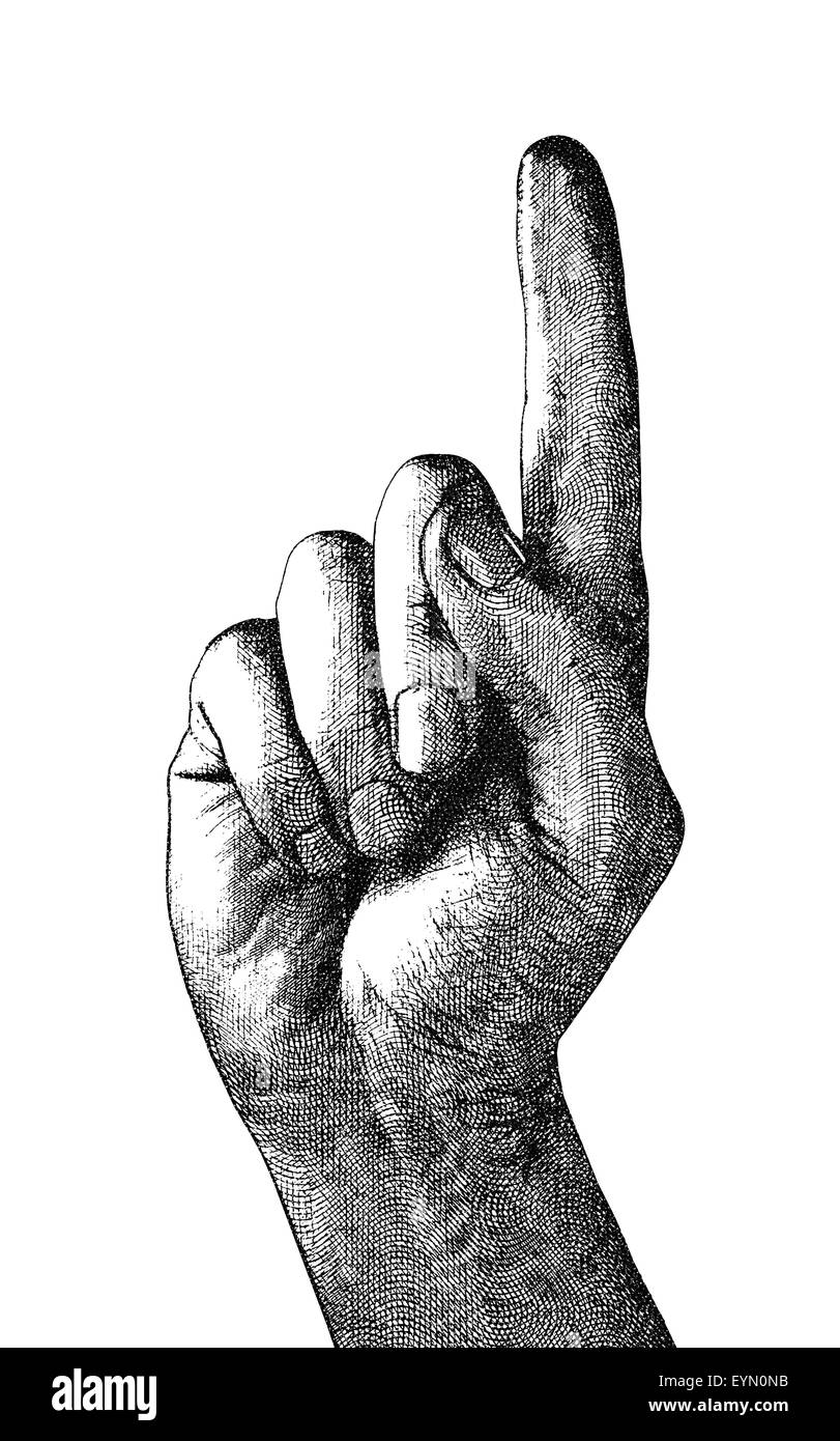 Original digital illustration of a pointing finger, in style of old engravings. Stock Photo