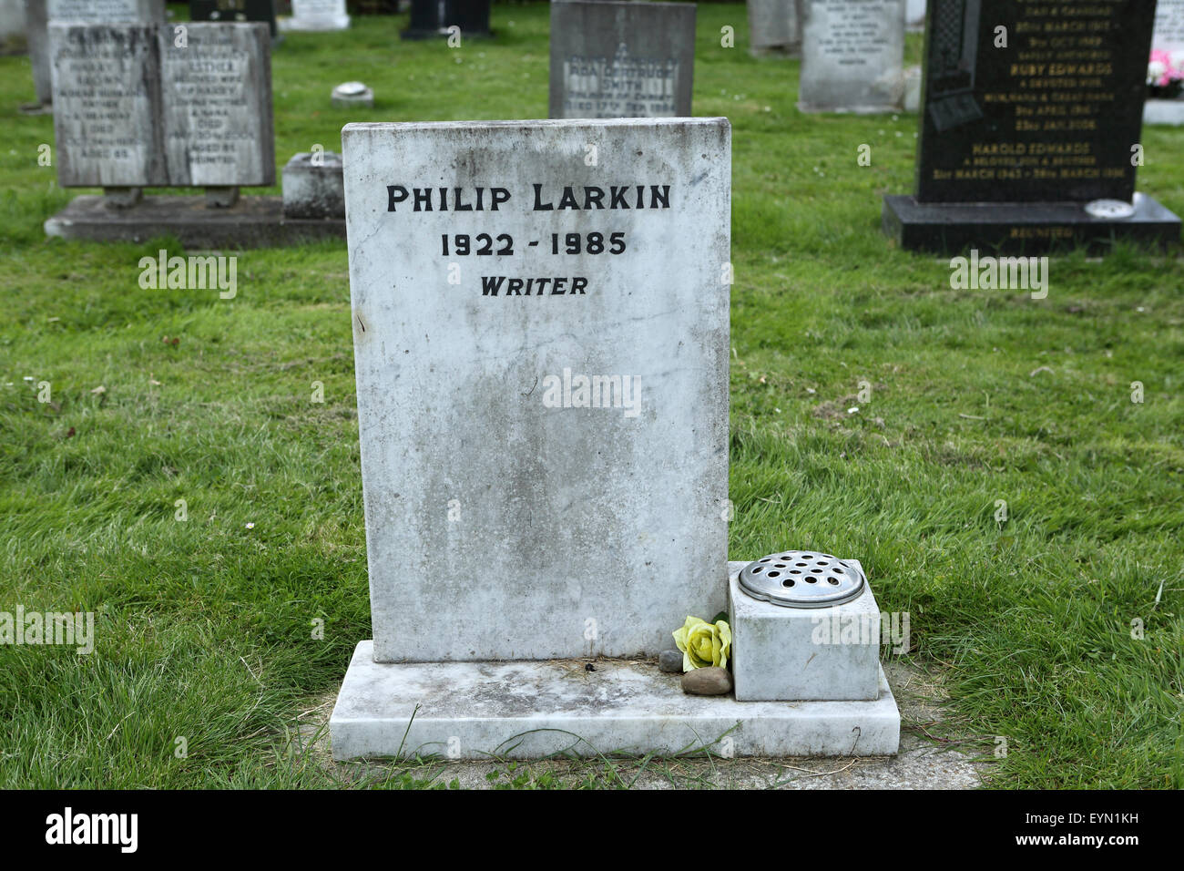 The grave of Philip Larkin at Cottingham Municipal Cemetery in Hull, England. Larkin (1922 - 1985) was a poet, author, jazz crit Stock Photo