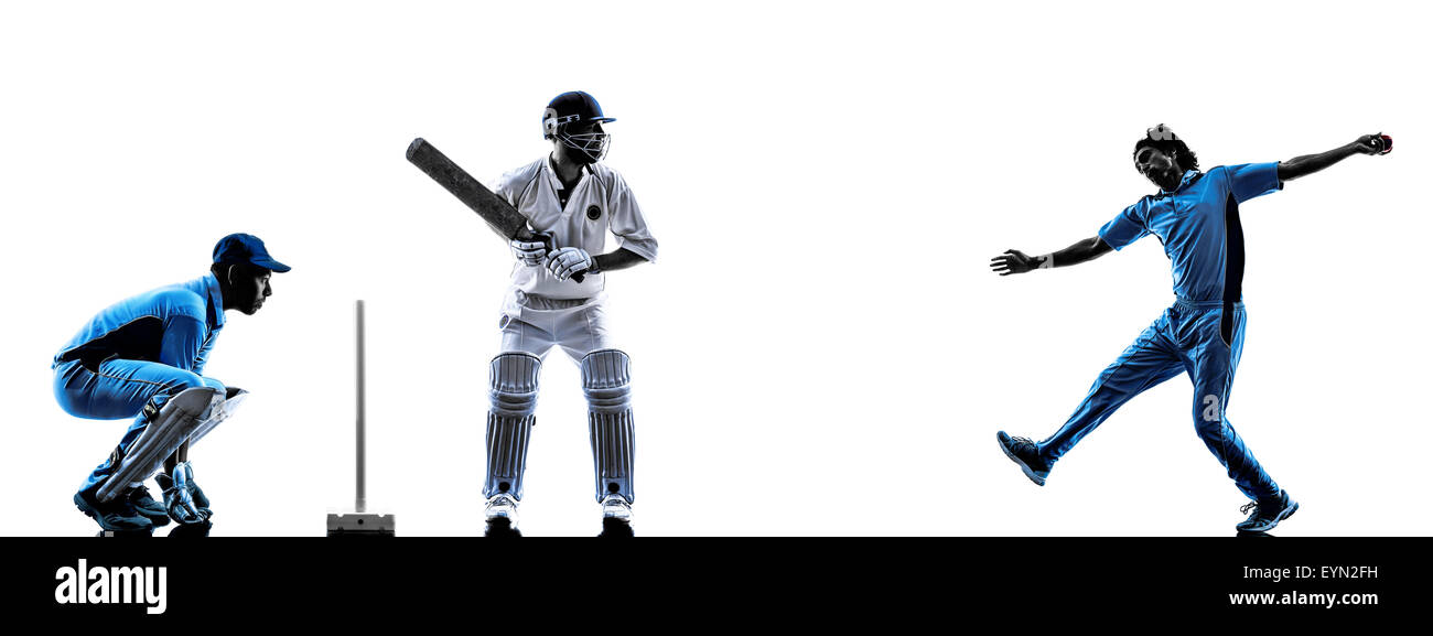 Cricket player in silhouette shadow on white background Stock Photo