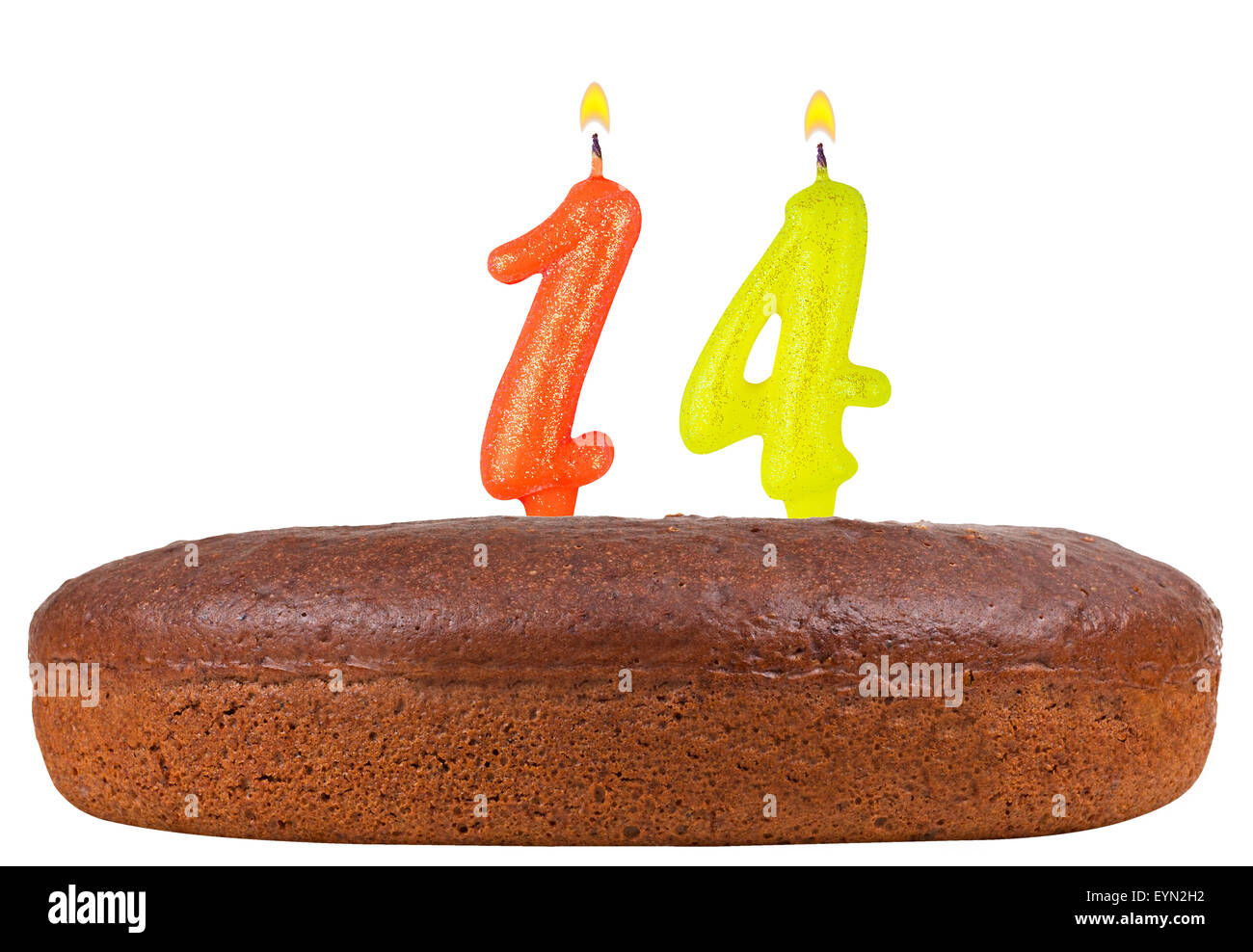 birthday cake with candles number 14 isolated on white background Stock Photo