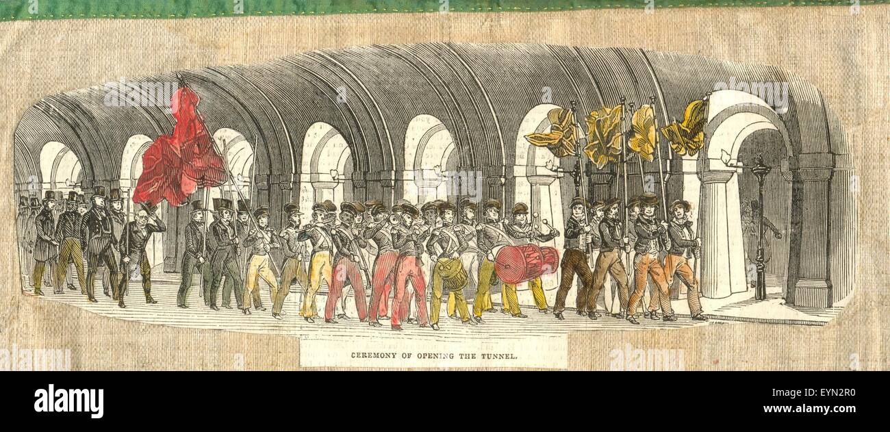 Hand coloured wood engraving showing the ceremonial procession at the opening of the Thames Tunnel Stock Photo