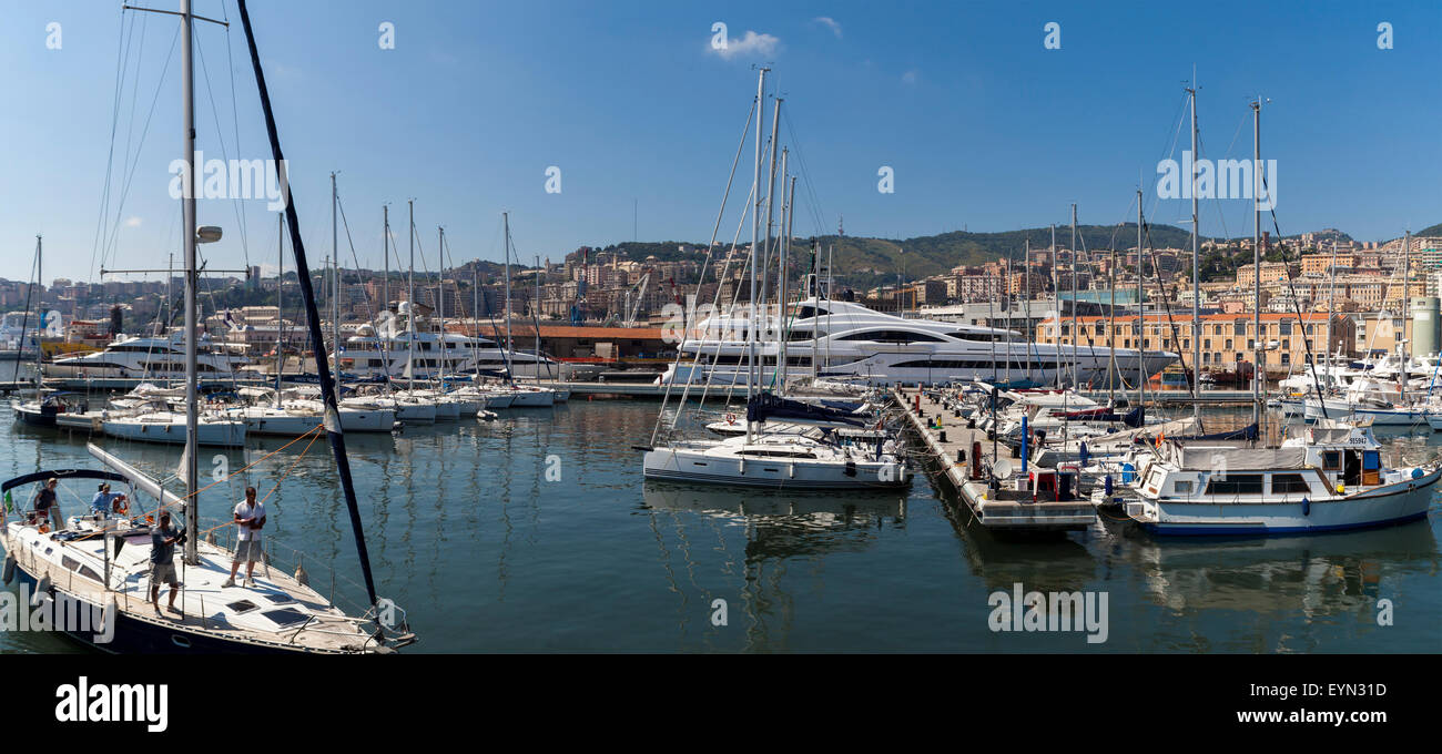 Boats at Marina Molo Vecchio in Genoa, Italy. Marina was founded in 1997 in the Old Port area. Stock Photo