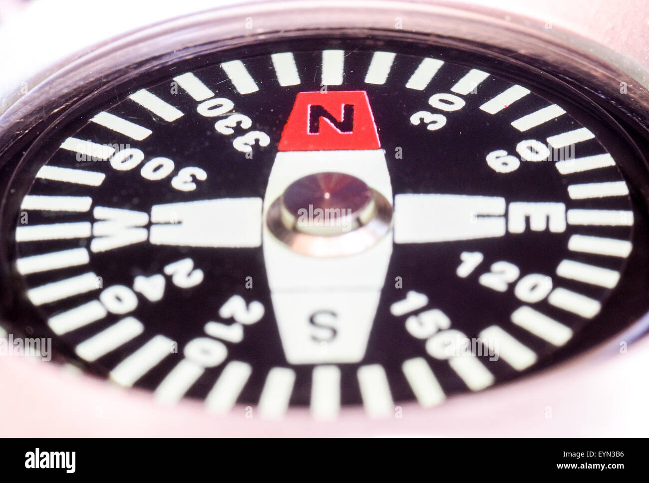 Closeup view of the screen of a compass with North direction indicating by red arrow Stock Photo
