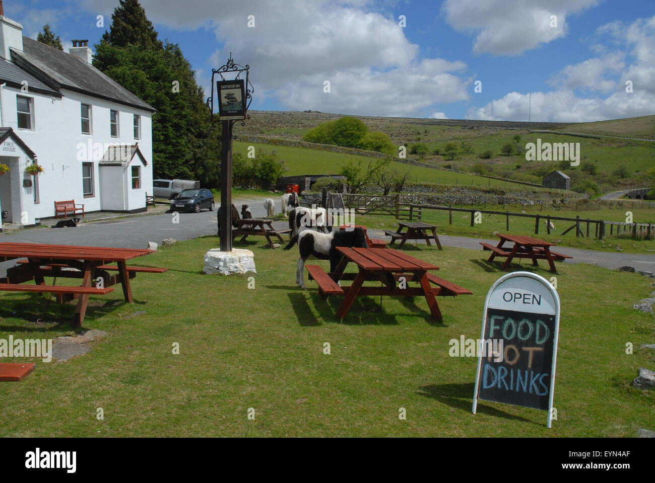 Sign board advertising food & hot drinks outside Dartmoor Inn, Merrivale, Dartmoor National Park, Devon, England Stock Photo