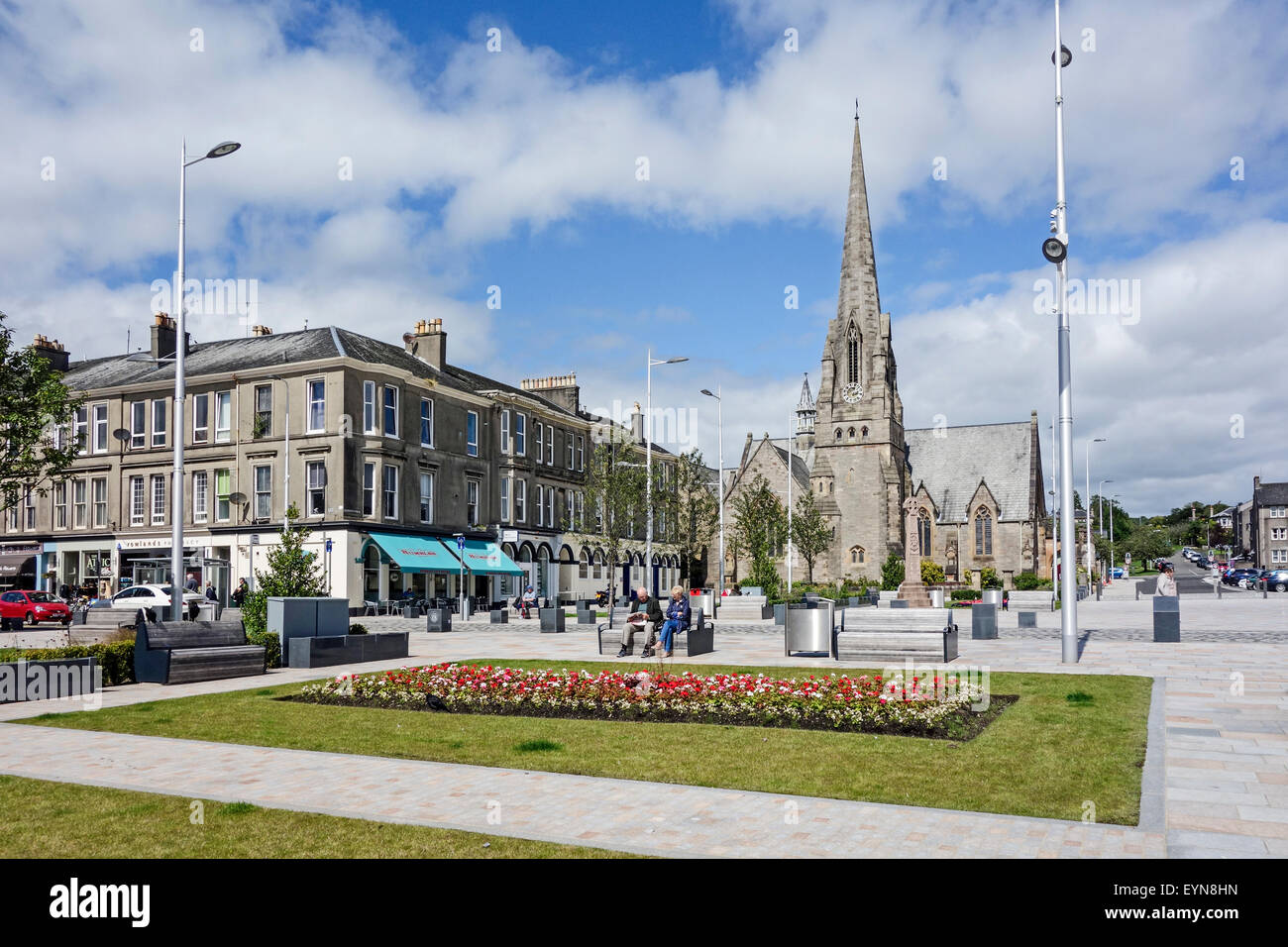 Newly redeveloped Conquhoun Square in the centre of Helensburgh Argyll & Bute Scotland with Helensburgh Parish Church centre Stock Photo