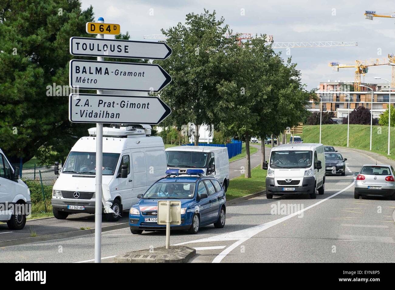 Toulouse, France. 1st Aug, 2015. A white van transporting probable MH370 debris found at La Reunion arrives at General Directorate of Armaments(DGA) for analysis in Blagnac, near Toulouse, France, on Aug. 1, 2015. Credit:  Fred Lancelot/Xinhua/Alamy Live News Stock Photo