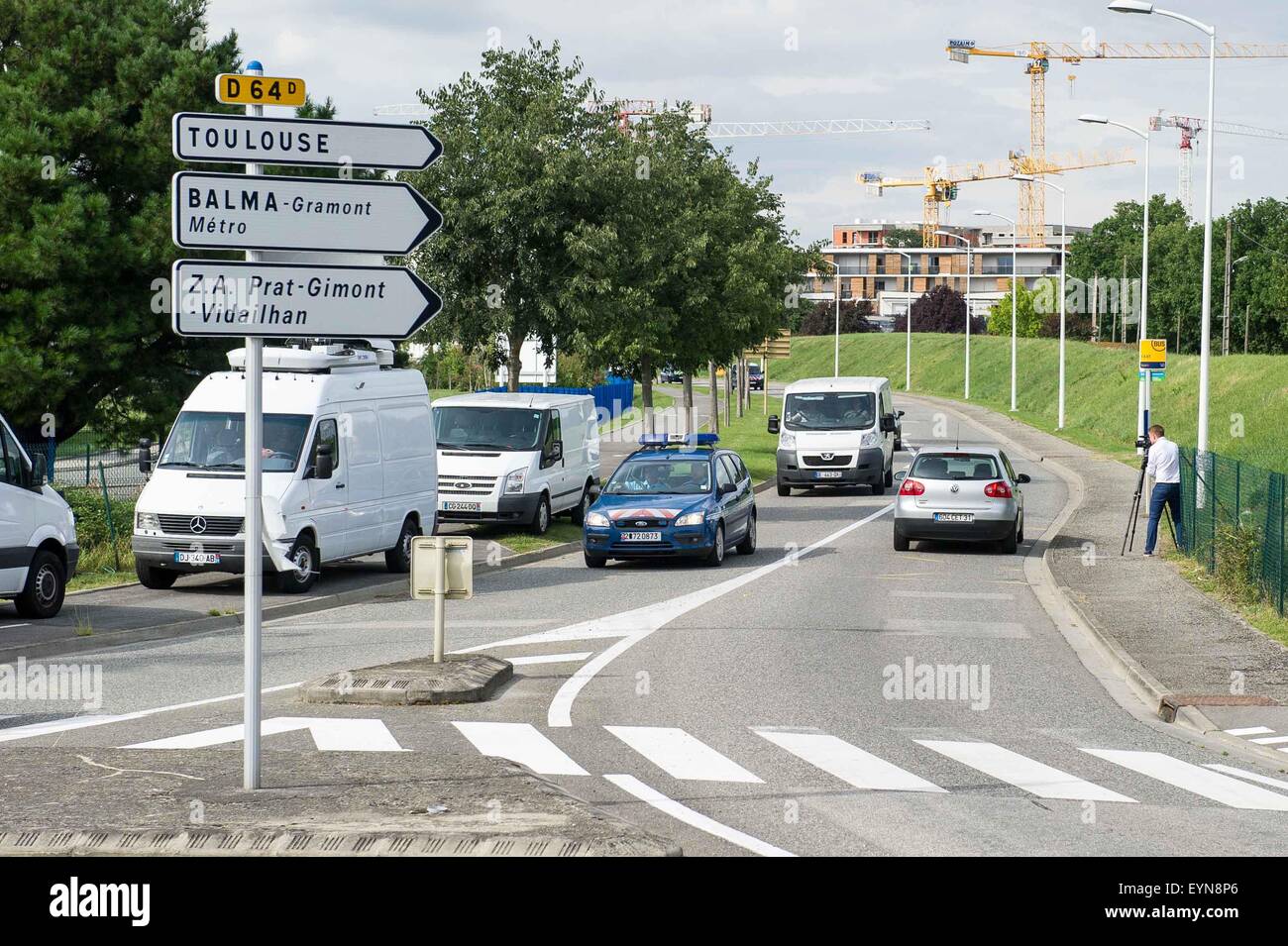 Toulouse, France. 1st Aug, 2015. A white van transporting probable MH370 debris found at La Reunion arrives at General Directorate of Armaments(DGA) for analysis in Blagnac, near Toulouse, France, on Aug. 1, 2015. Credit:  Fred Lancelot/Xinhua/Alamy Live News Stock Photo