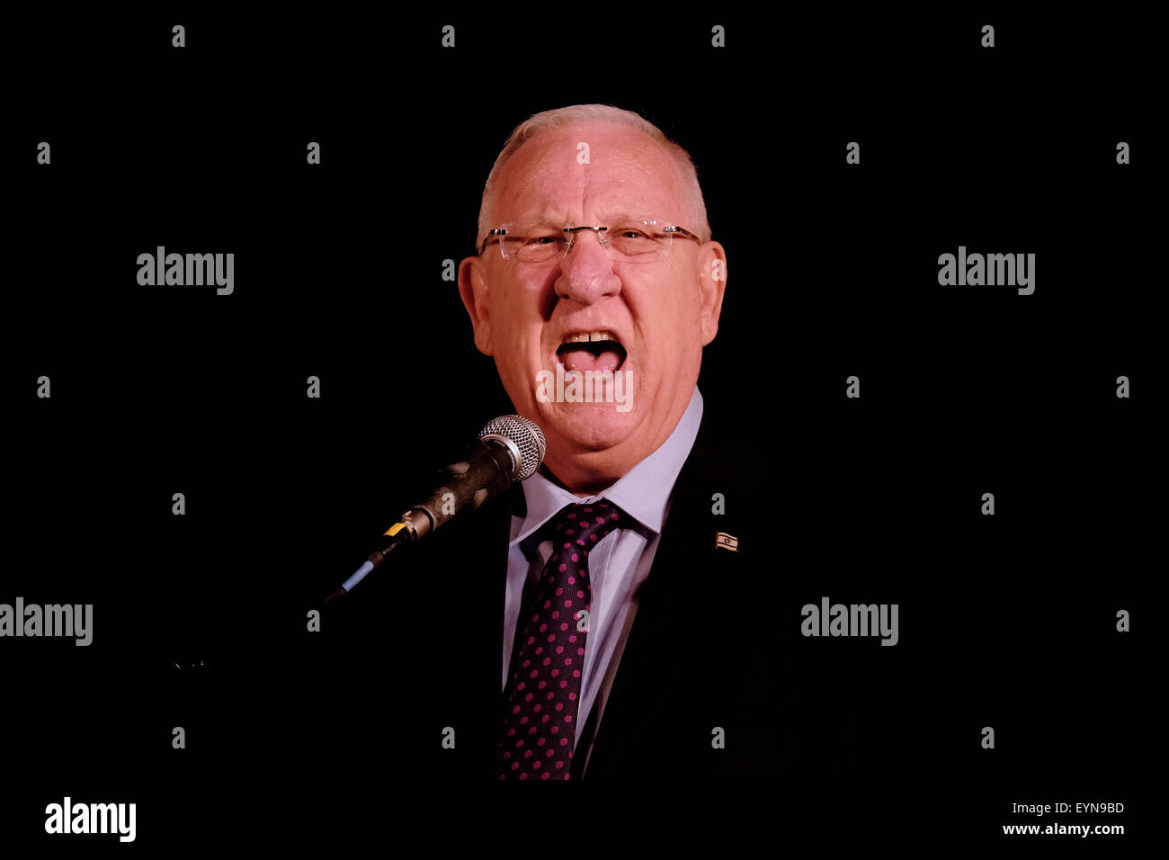 Israeli president Reuven Rivlin speaking at a memorial rally in Zion Square in the center of Jerusalem to protest stabbing attack at Jerusalem's Gay Pride parade by an ultra Orthodox Jewish man 01 August 2015. Rallies took place in major Israeli cities on Saturday night. Stock Photo