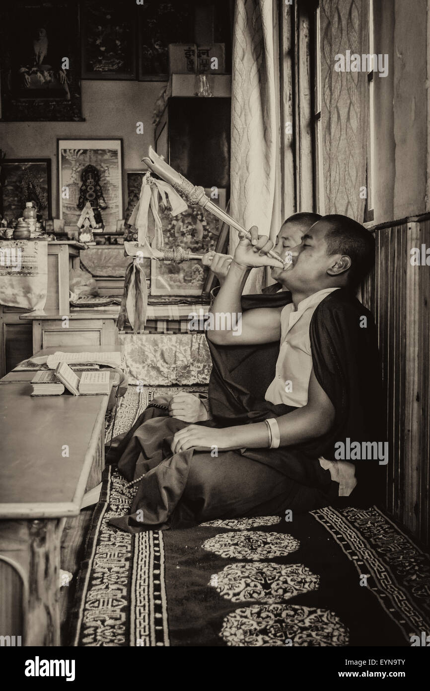 Buddhist priests, Lamas, praying inside a monastery in India, playing traditional flute with copy space in sepia tone Stock Photo
