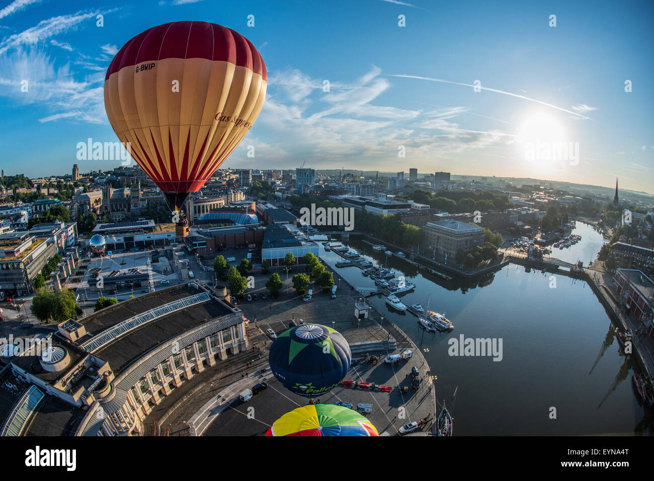Bristol, UK. 31st July, 2015. Hot air balloons take to the skies over Bristol ahead of the 37th International Balloon Fiesta. Stock Photo