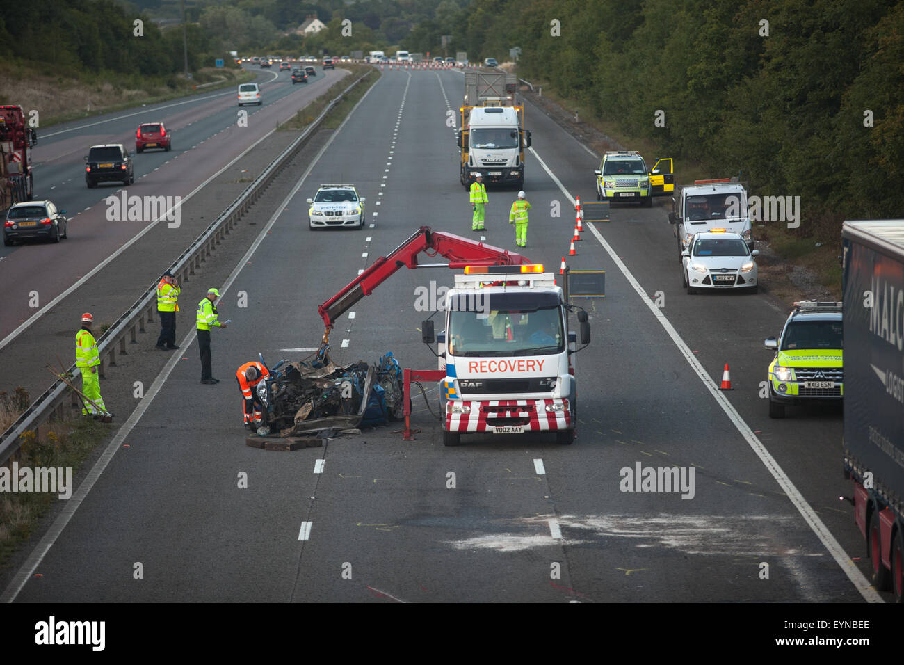 Emergency services attend a traffic accident that completely closed the southbound carriageway of the M5 on Saturday evening as thousands of holiday makers headed towards the South West coastal resorts. The incident occurred alongside Michaelwood Services - Police diverted traffic off the motorway, through the service area to rejoin the M5. Photo: South West Photos, Alamy Live News Stock Photo