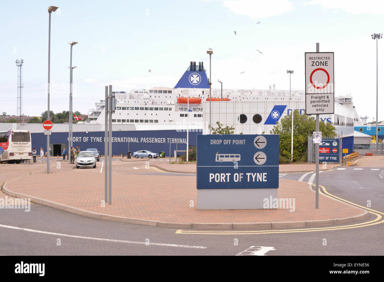 Port of Tyne continental passenger terminal and DFDS car passenger ferry docked ahead of the