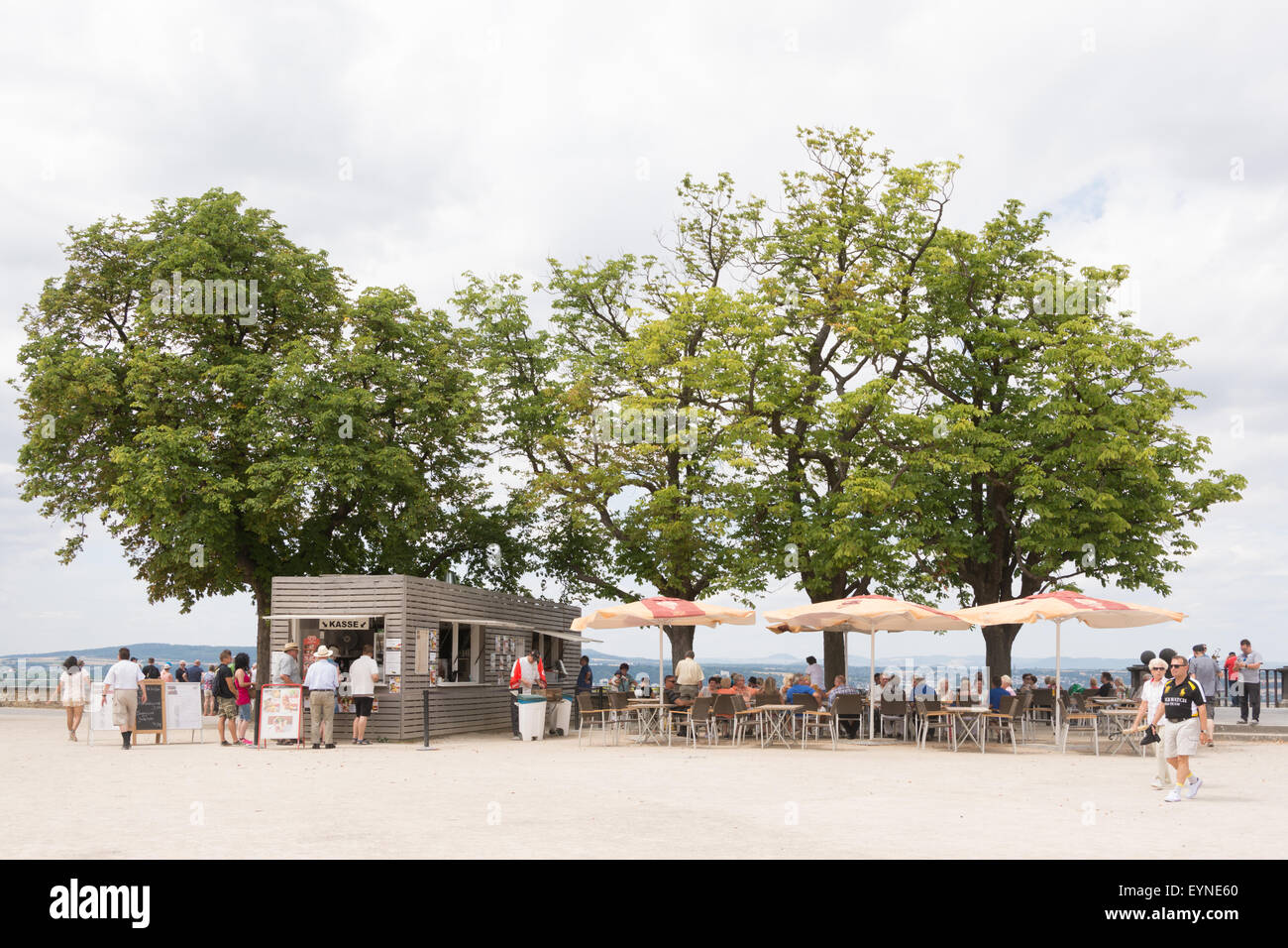 Ehrenbreitstein Fortress, Koblenz, Germany - tourists enjoying refreshments on the terrace Stock Photo