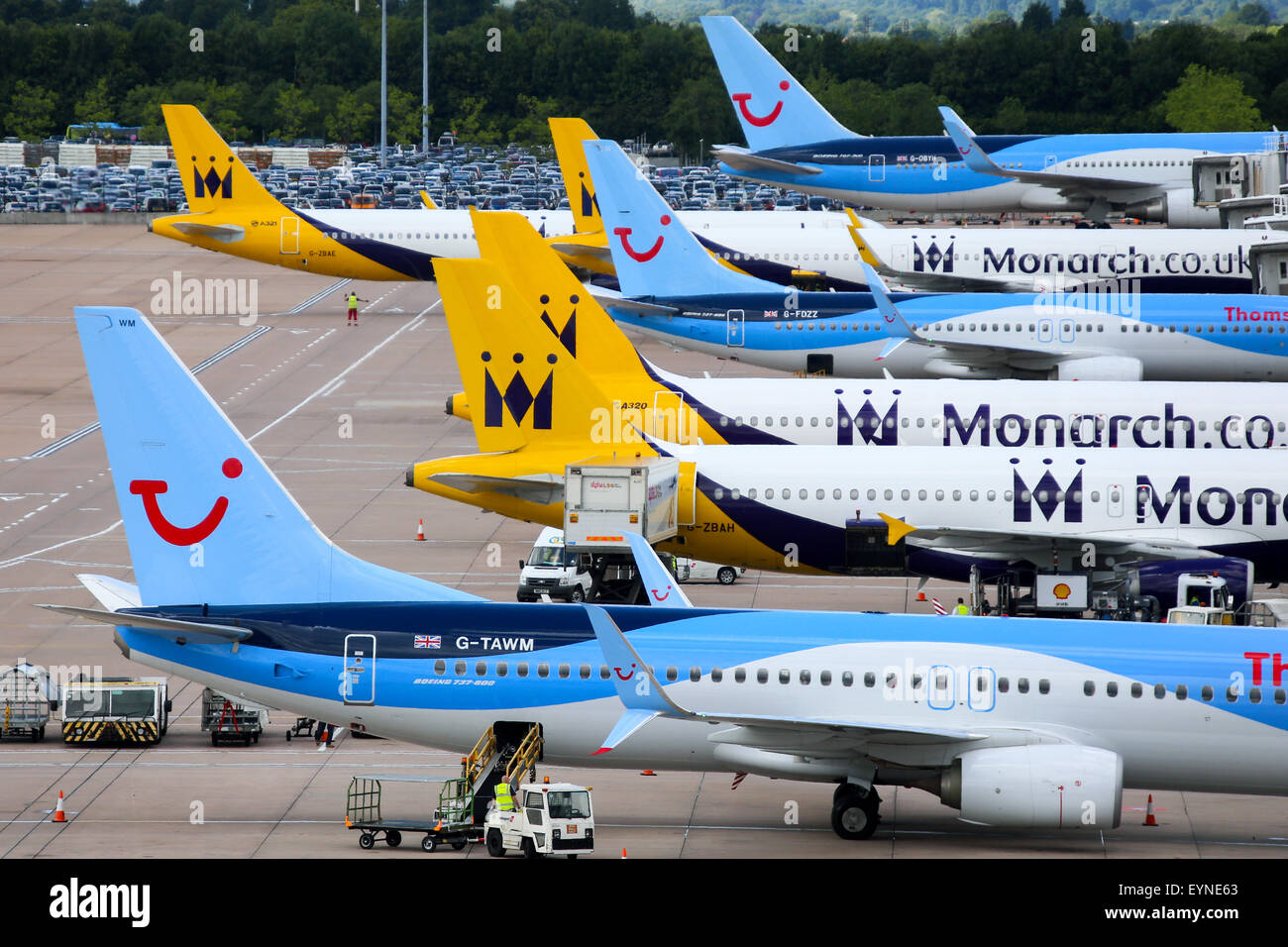 Terminal 2 at Manchester airport dominated by Thomson Airways & Monarch Airlines. Stock Photo