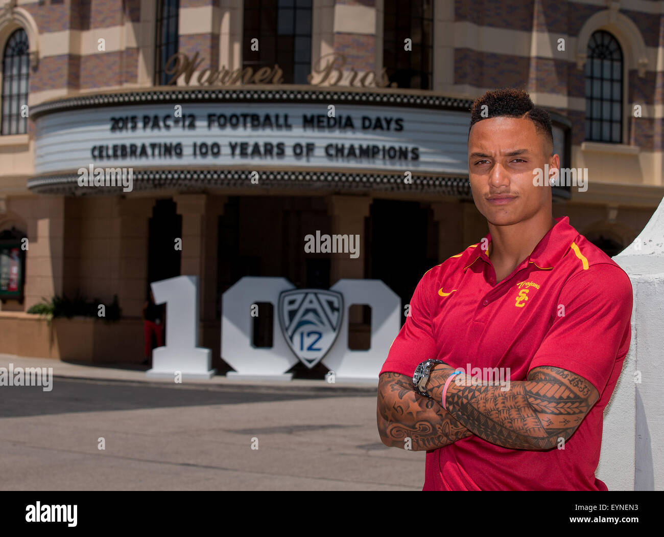 Burbank, CA. 30th July, 2015. USC linebacker Su'a Cravens participates in the Annual PAC-12 Media Day, at the Warner Bros. movie studios, in the City of Burbank, California on July 30, 2015. (Absolute Complete Photographer & Company Credit: Juan Lainez/MarinMedia.org/Cal Sport Media (Network Television please contact your Sales Representative for Television usage. © csm/Alamy Live News Stock Photo