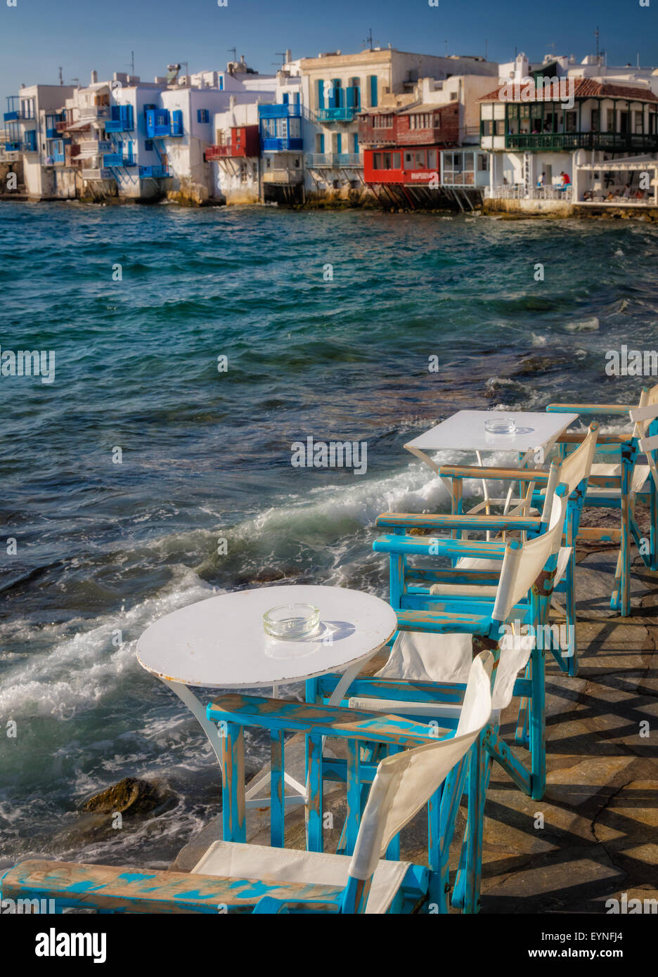 Mykonos Little Venice - rows of fishing houses line the waterfront with their balconies hanging over the sea. Stock Photo