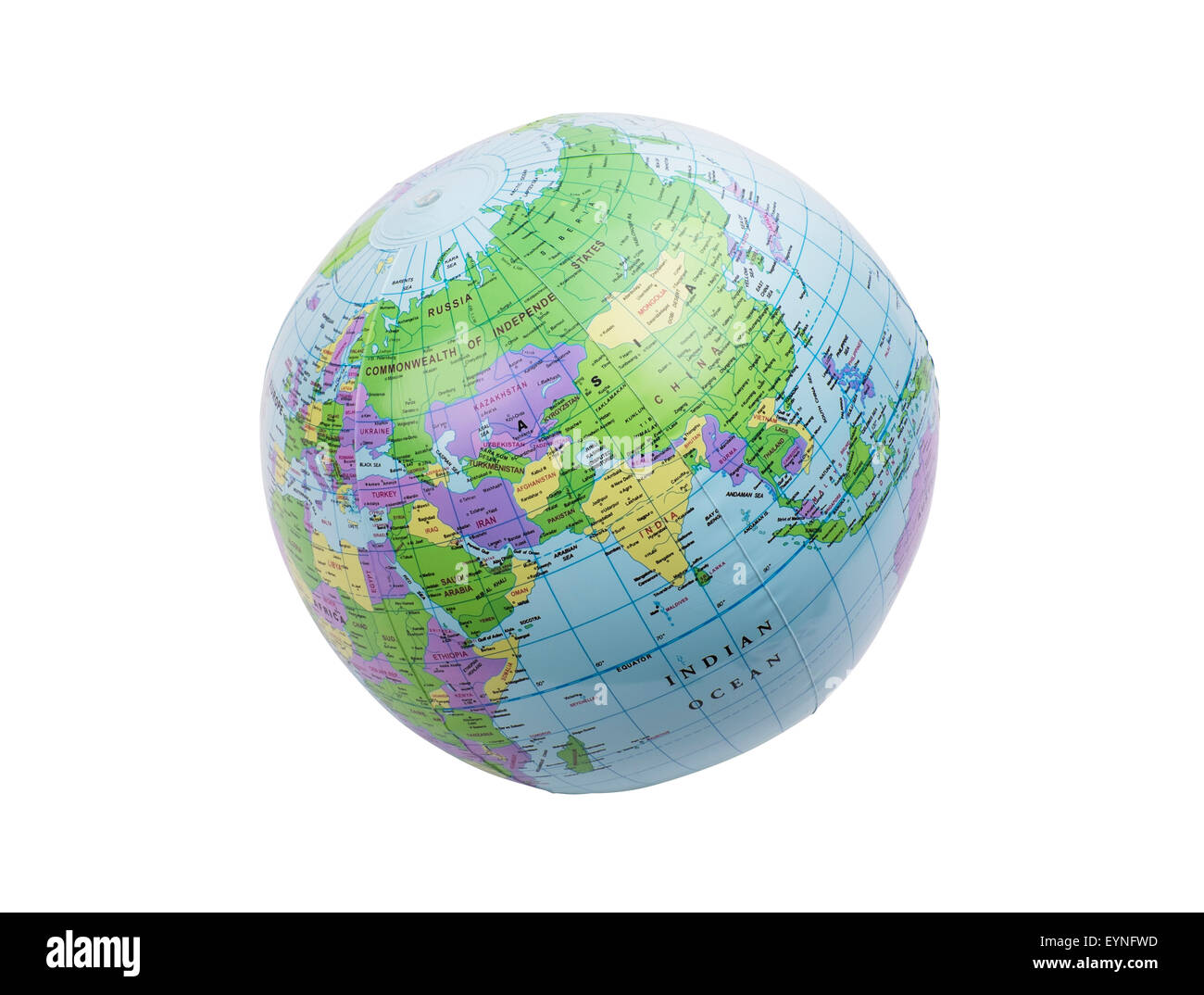 Inflated plastic earth toy showing India Stock Photo