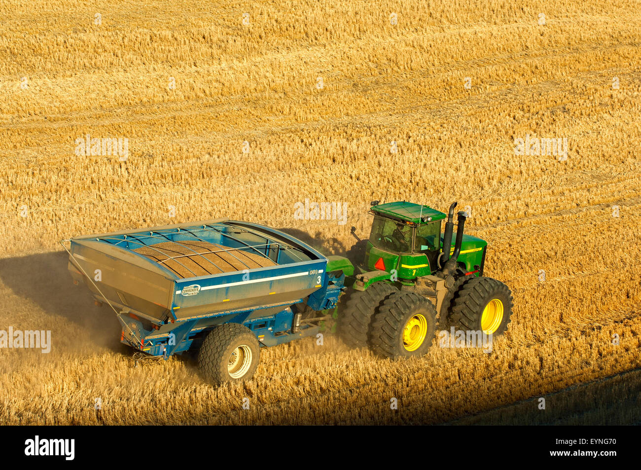 A tractor pulling  a loaded grain cart traverses a hillside field during harvest in the Palouse region of Washington Stock Photo