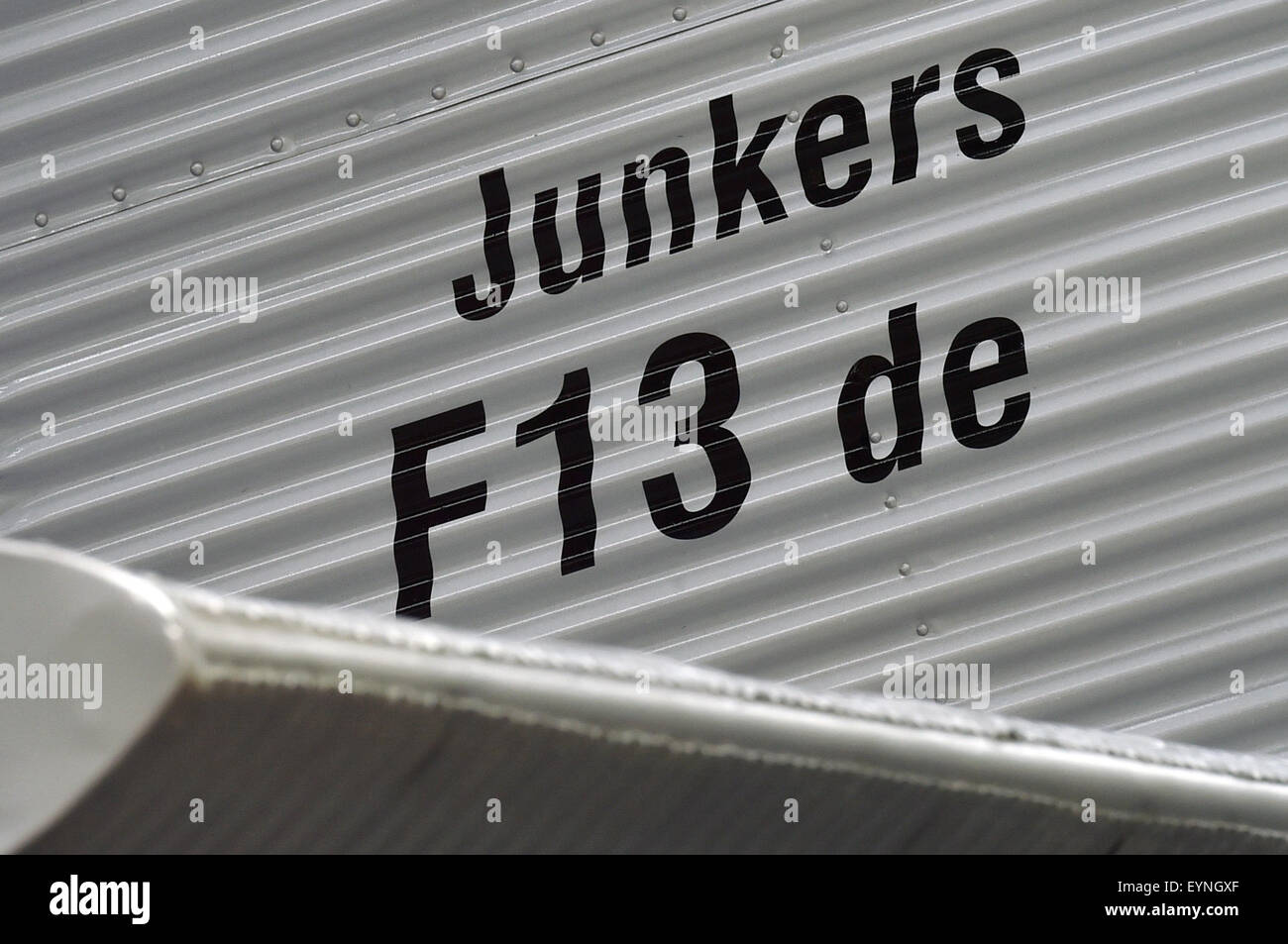Dessau, Germany. 21st July, 2015. 'Junkers F13' is written on the side of the seniors' work group of the Technikmuseums Hugo Junkers (Hugo Junkers technical museum) latest creation: an accurate recomstruction of the world's first all-metal civilian aircraft - a Junkers F13 - albeit without a functioning motor, in Dessau, Germany, 21 July 2015. PHOTO: HENDRIK SCHMIDT/DPA/Alamy Live News Stock Photo