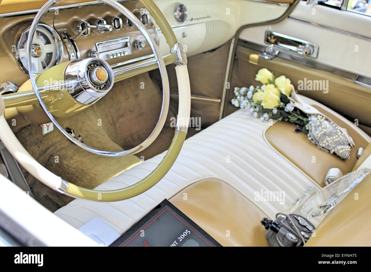 A Beautifully Decorated Antique Car Interior Stock Photo