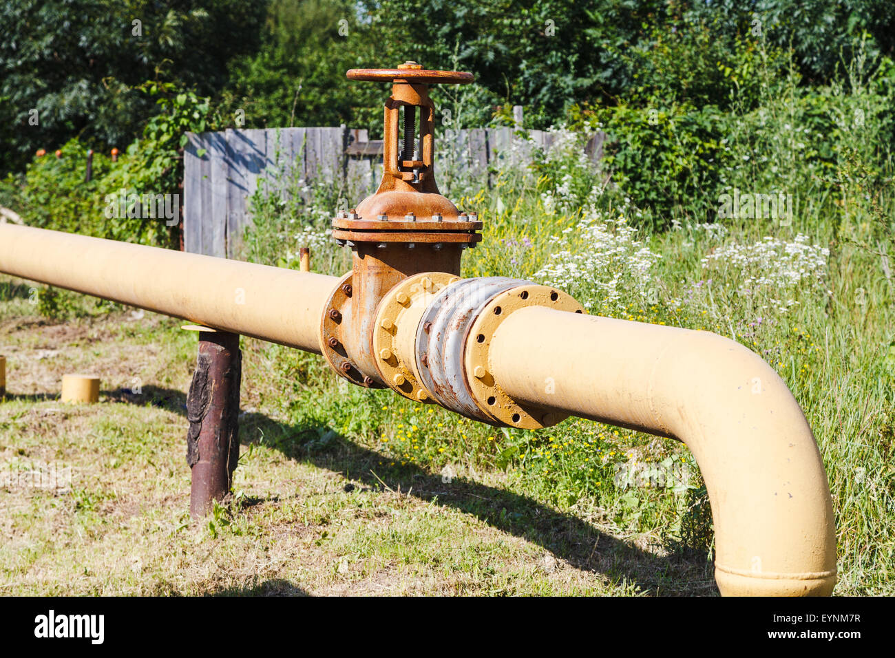 country gasification - gas main in village in summer day Stock Photo