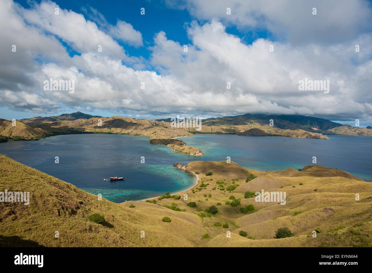 The view from the top of the mountain in North Komodo National Park overlooking the beautiful turquoise bay Stock Photo