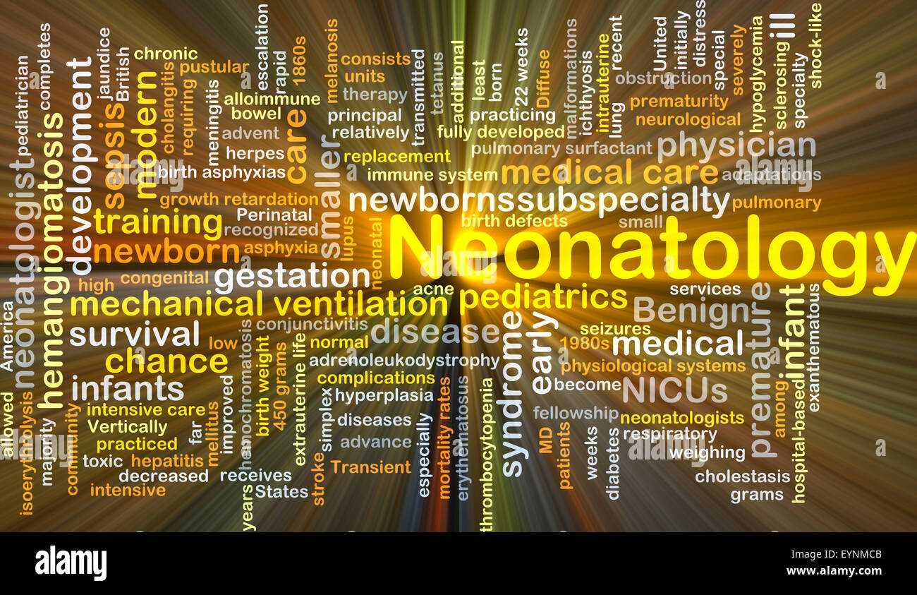 Background concept wordcloud illustration of neonatology glowing light