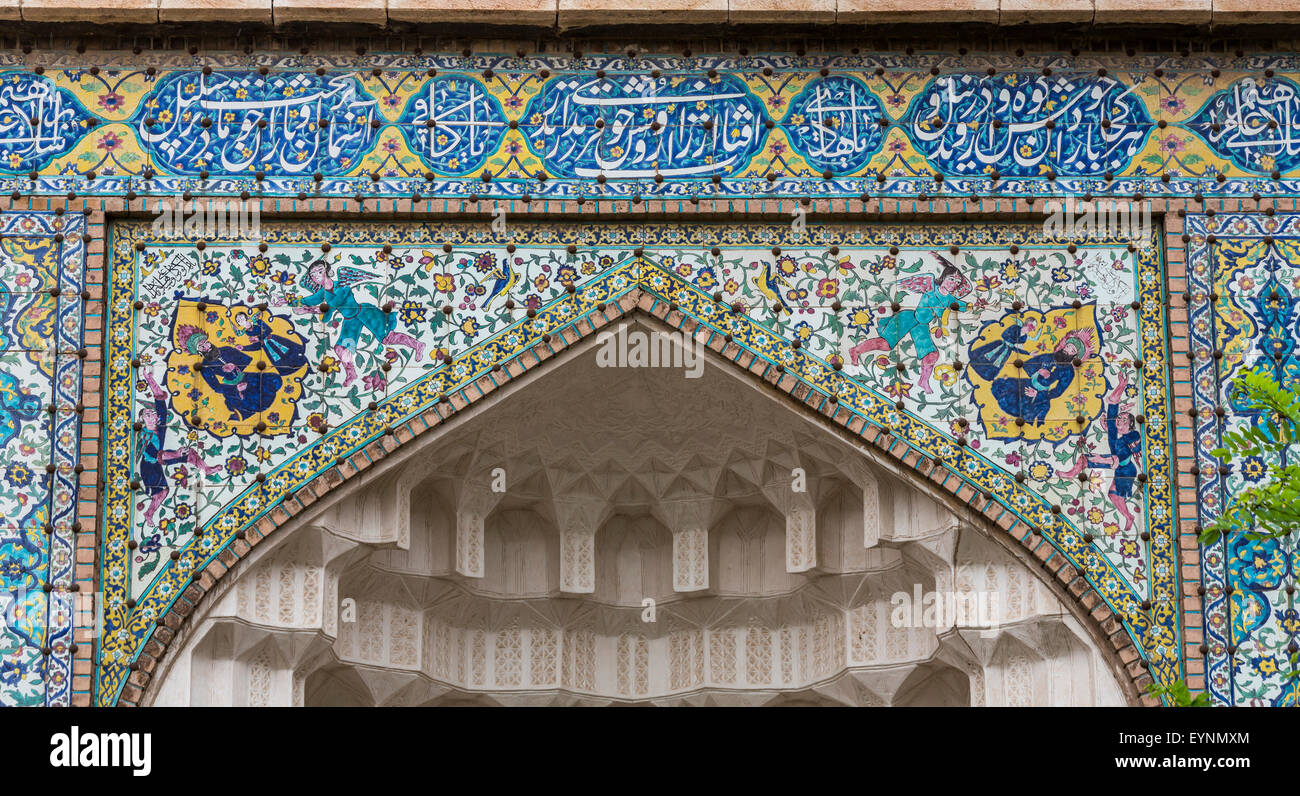 detail of tiled spandrel, Ibrahim Khan Madrasa, Kerman, Iran Stock Photo