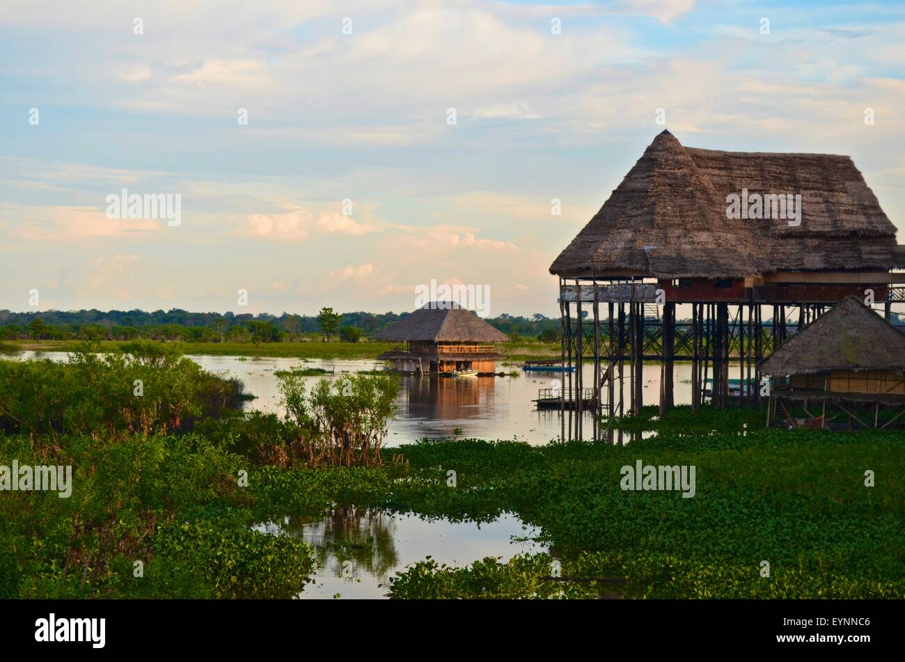 Floating houses on the Itaya river, in Iquitos, in the Peruvian Amazon Stock Photo