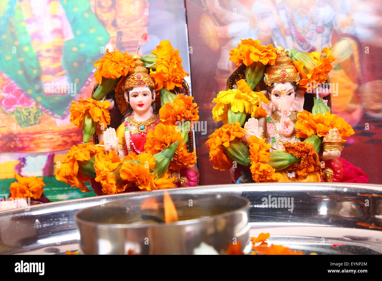 Decorated Idols Of Goddess Lakshmi And God Ganesha With Lighted