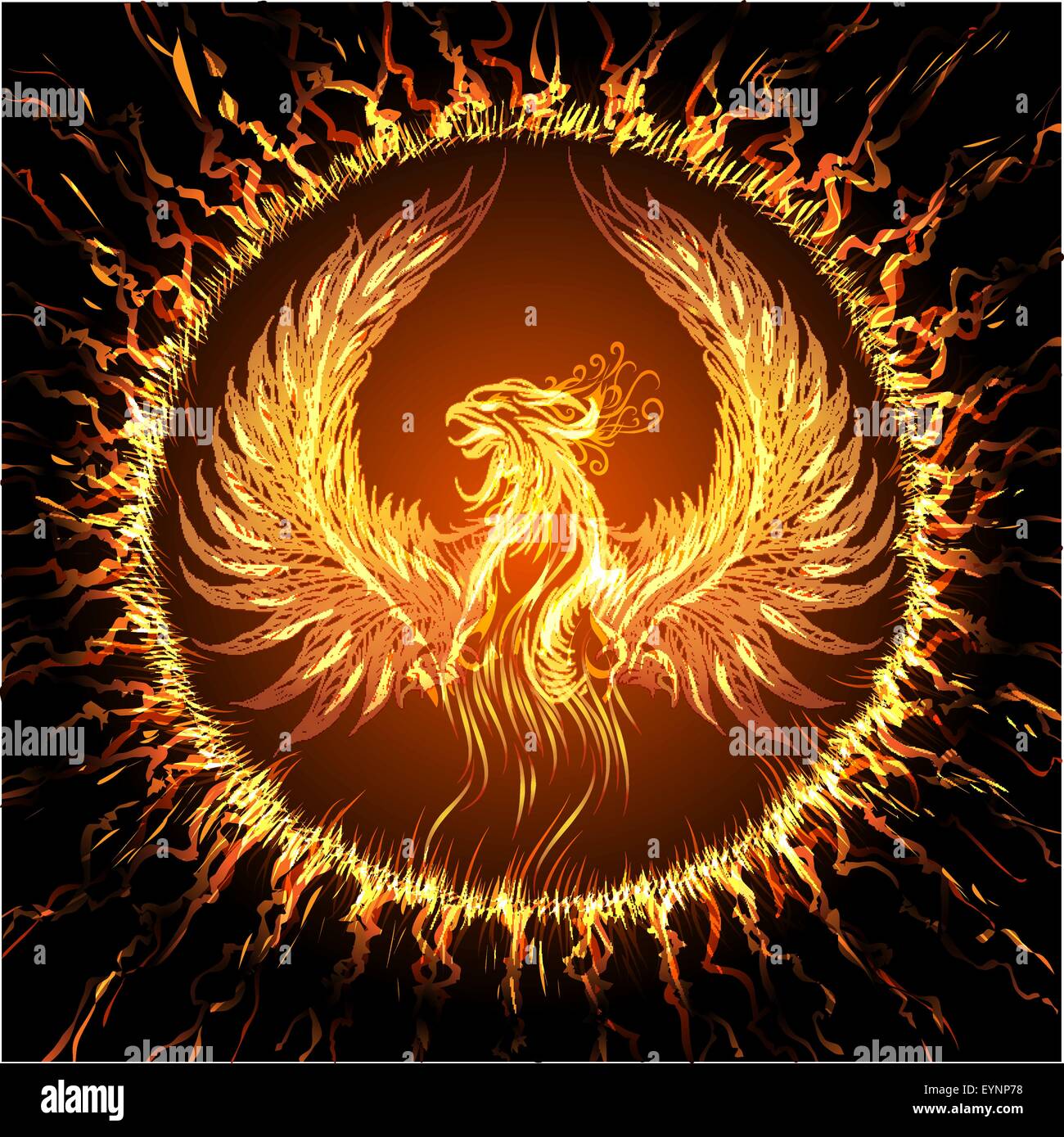 Phoenix in circular frame. Illustration in fantasy style. Stock Vector