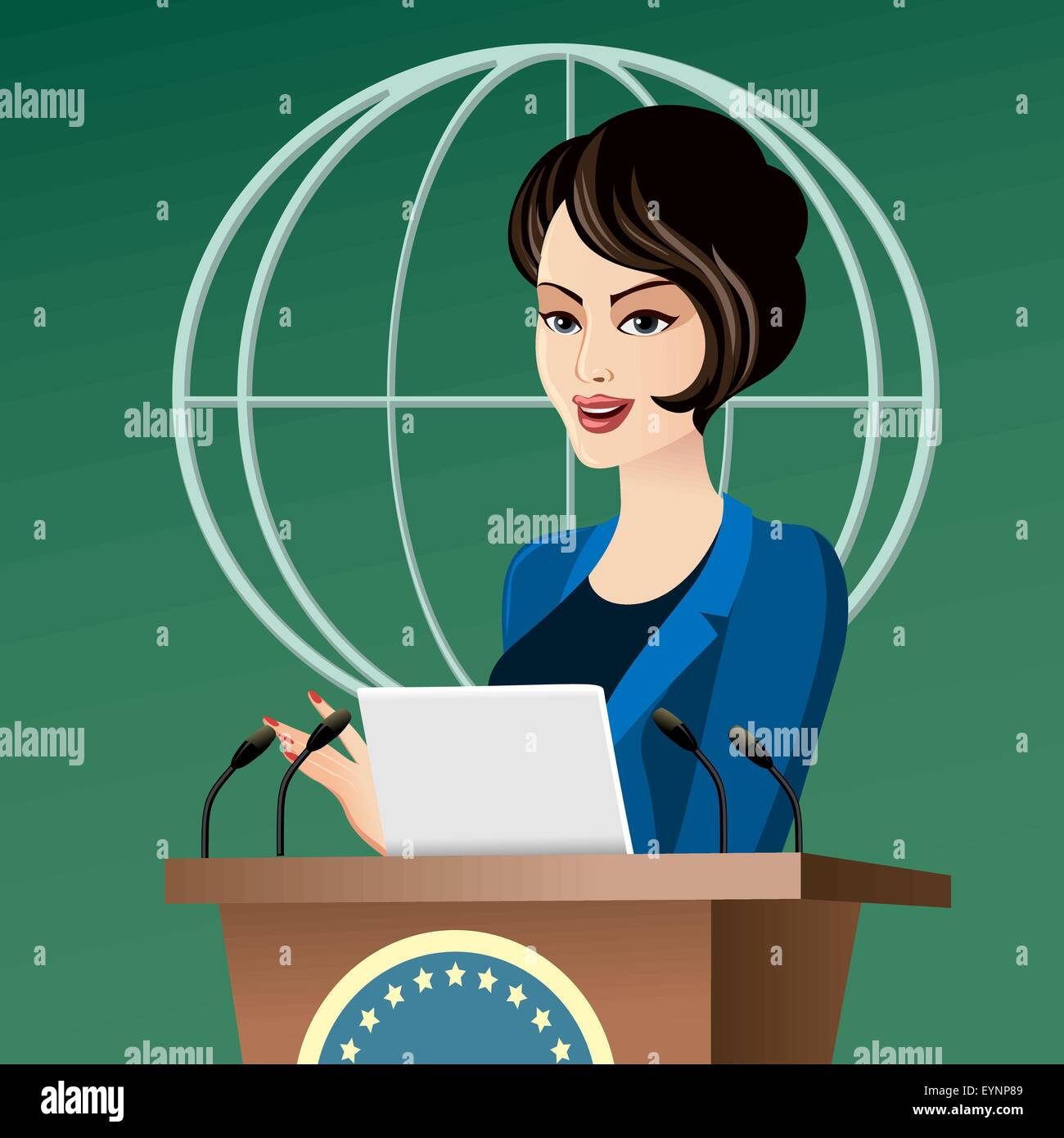 Beautiful elegant politician woman giving a speech in front of a microphones. Stock Vector