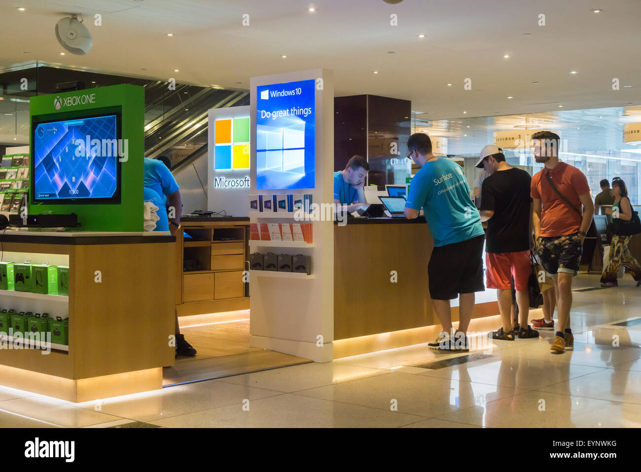 Customers try out computers at a Microsoft kiosk in the Time Warner Center in New York promoting Windows 10 and other products, seen on Thursday, July 30, 2015. Windows 10 was released as a free upgrade with minimal hoopla yesterday. (© Richard B. Levine) Stock Photo