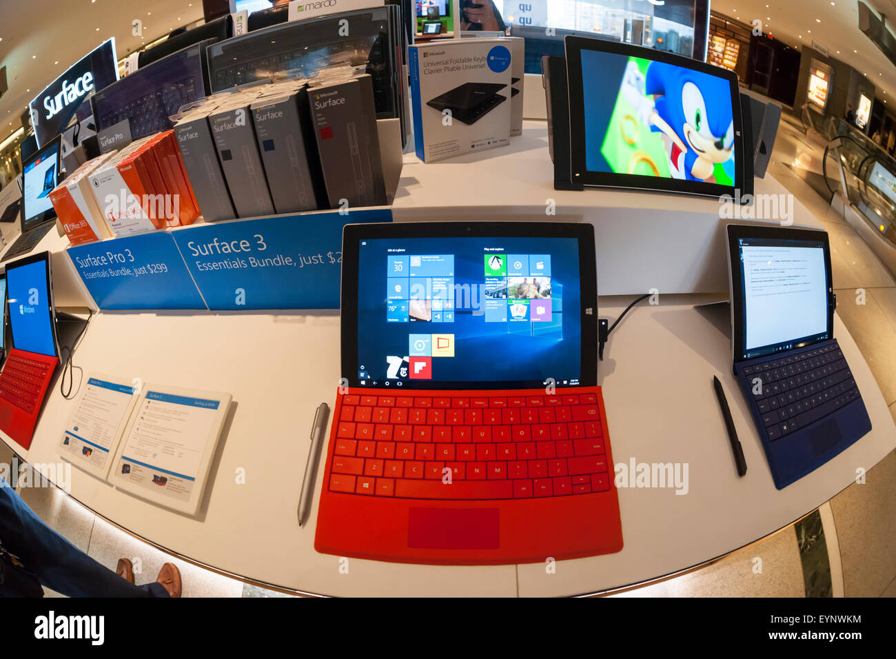 Windows 10 is seen running on a Surface computer at a Microsoft kiosk in the Time Warner Center in New York on Thursday, July 30, 2015. Windows 10 was released as a free upgrade with minimal hoopla yesterday. (© Richard B. Levine) Stock Photo