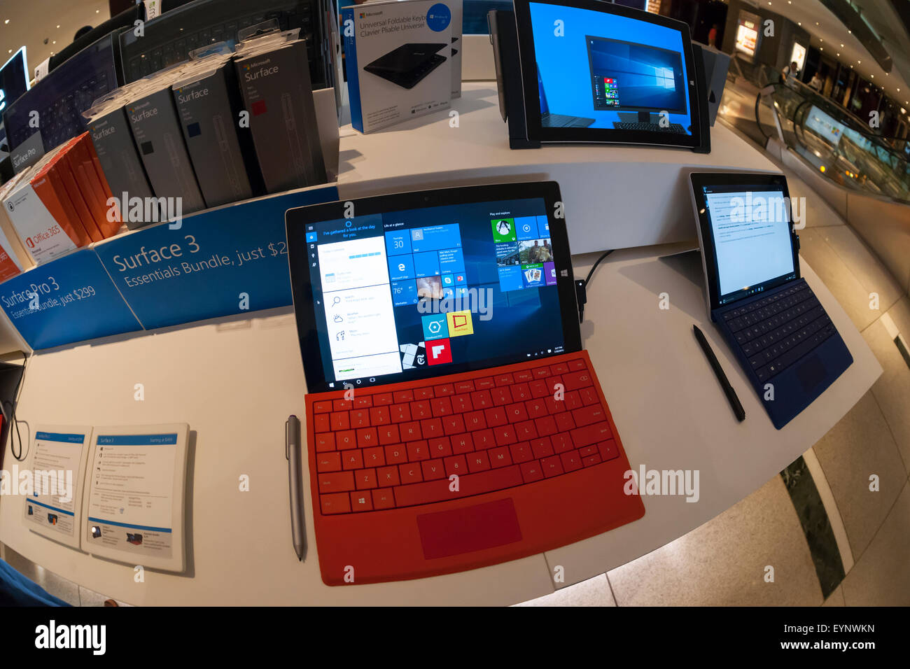 Windows 10 is seen running on a Surface computer at a Microsoft kiosk in the Time Warner Center in New York on Thursday, July 30, 2015. Windows 10 was released as a free upgrade with minimal hoopla yesterday. (© Richard B. Levine) Stock Photo