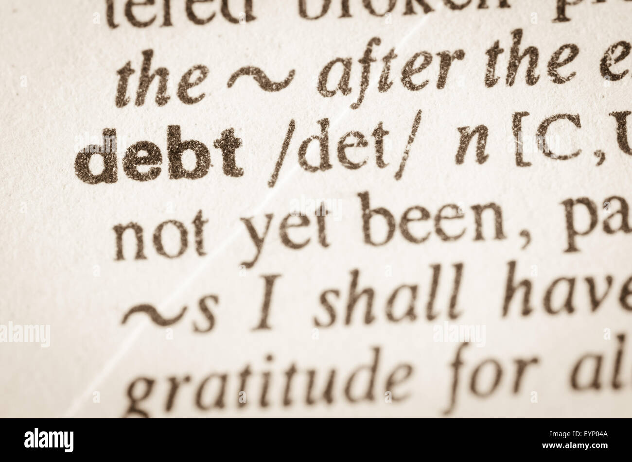 Debted Definition of word debt in dictionary Stock Photo - Alamy