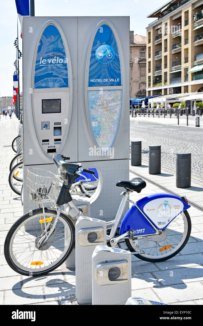 Marseille Vieux Port waterfront at The Old Port French bike hire docking terminals with bicycle Provence Mediterranean South of France Stock Photo