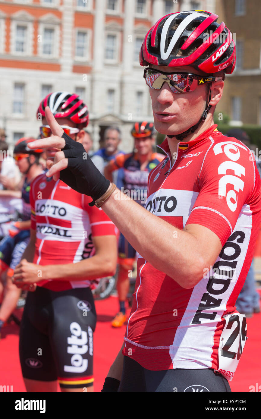 London, UK. 2 August 2015. Prudential RideLondon 2015. Cyclists from the Lotto Soudal team in Horse Guards Parade before the start of the London-Surrey Classic race. Photo: OnTheRoad/Alamy Live News Stock Photo