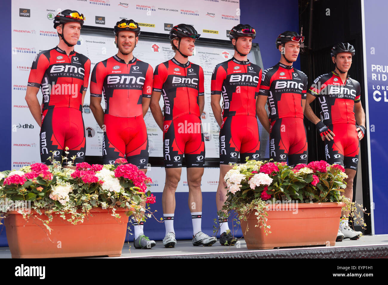 London, UK. 2 August 2015. Prudential RideLondon 2015. The BMC Racing Team before the start of the London-Surrey Classic race in Horse Guards Parade. Photo: OnTheRoad/Alamy Live News Stock Photo