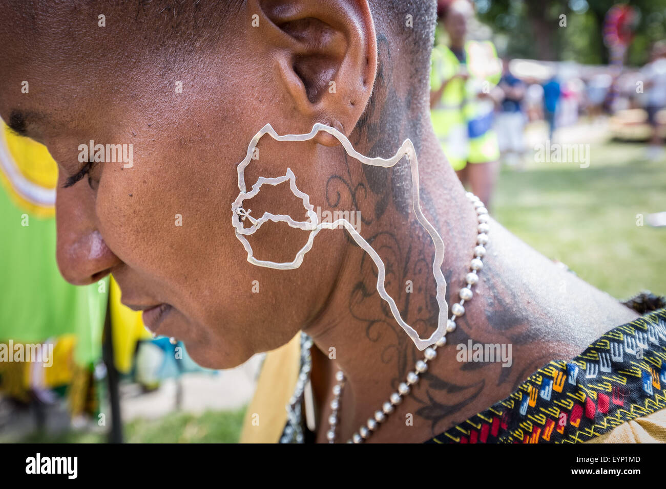London, UK. 2nd August, 2015. African shaped earring. 10th Brixton Splash Street Festival in South London. Credit:  Guy Corbishley/Alamy Live News Stock Photo