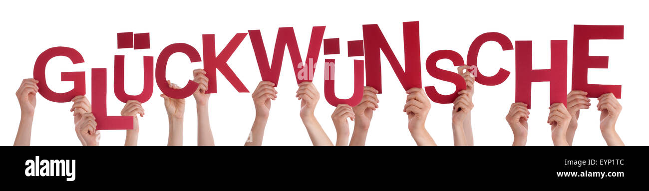 People Holding German Word Glueckwuensche Means Congratulations Stock ...