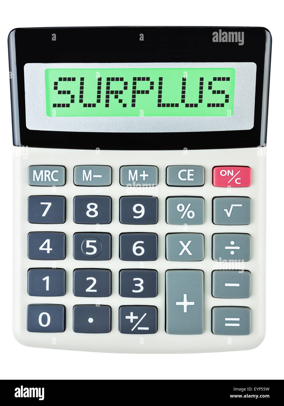 Calculator with SURPLUS on display isolated on white background Stock Photo