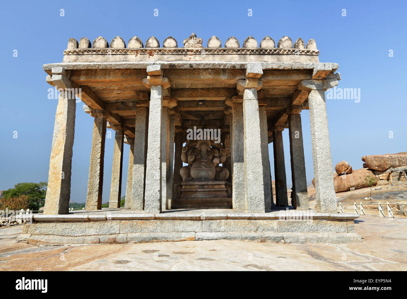 indian god sculpture at Kadalekalu Ganesha Temple at the Sacred Center around Hampi, a city located in Karnataka, South West, In Stock Photo