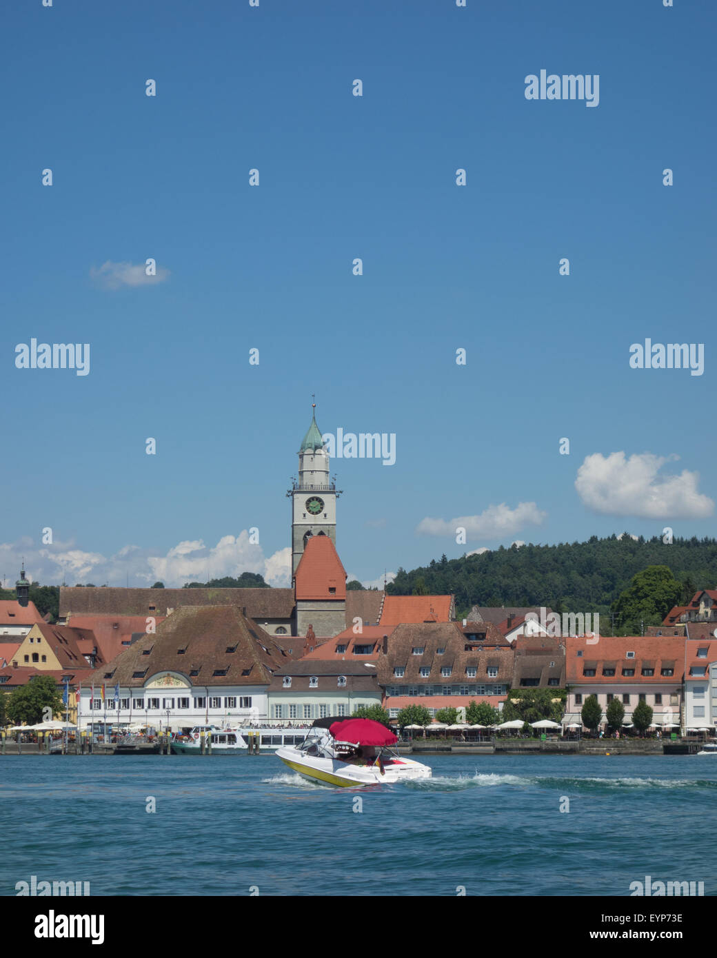 Looking towards Uberlingen, Germany, from boat on Lake Constance Stock