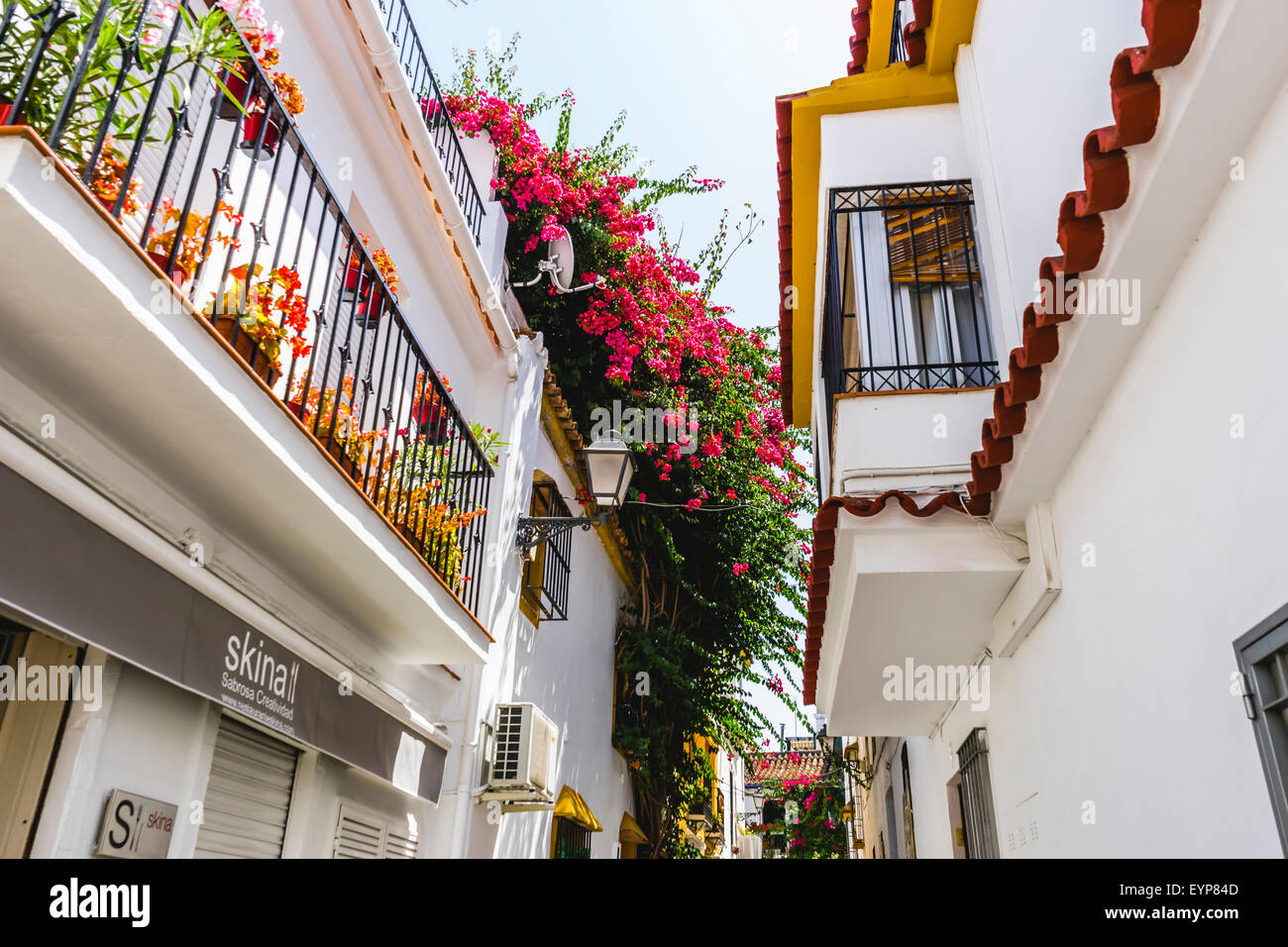 Summer, streets of Marbella in Spain with flowers and plants on the ...